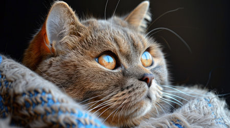 A detailed view of a cats face showing striking blue eyes.の素材