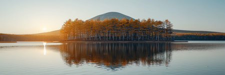 A small island sits in the center of a lake, surrounded by water.の素材