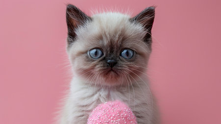 Cute kitten playing with pink ball on pink background.の素材