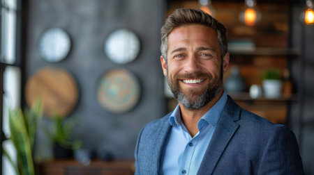 A man wearing a blue suit smiles for the camera.の素材