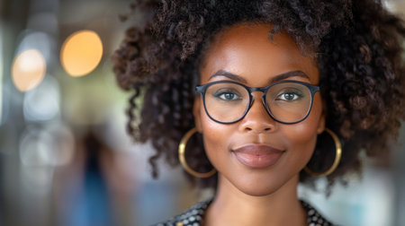 A woman wearing glasses engaging with the viewer through direct eye contact.の素材