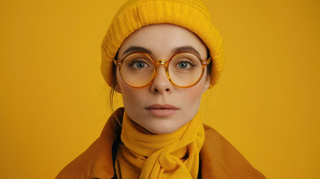 A woman with glasses wearing a yellow hat.の素材