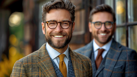 Two men in formal attire smiling for the camera.の素材