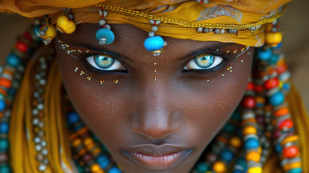 A woman with blue eyes wearing a yellow headdress.の素材