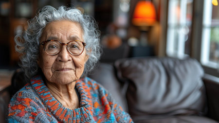 Elderly woman wearing glasses sitting on a couch in a room.の素材
