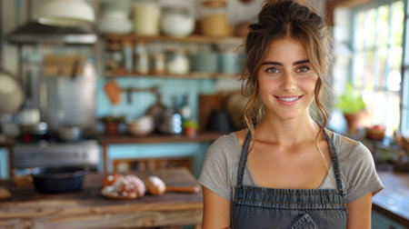A woman standing beside a counter in a kitchen.の素材