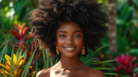 A woman with an afro hairstyle smiling at the camera.の素材