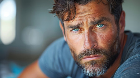 A close-up shot of a man with striking blue eyes.の素材