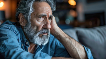 Elderly man with grey hair and beard sitting on a sofa.の素材