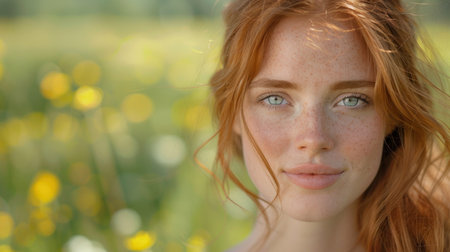 A woman with red hair standing among colorful flowers in a field.の素材
