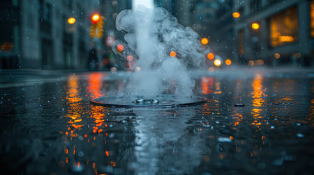 City street with a puddle of water on the ground after rain.の素材
