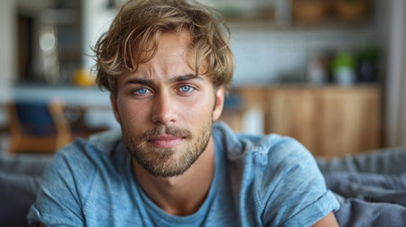 A man seated on a couch gazes directly at the camera.の素材
