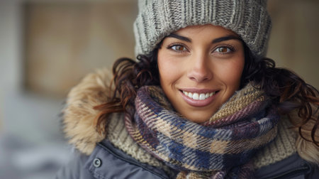 A woman dressed in a winter hat and scarf.の素材