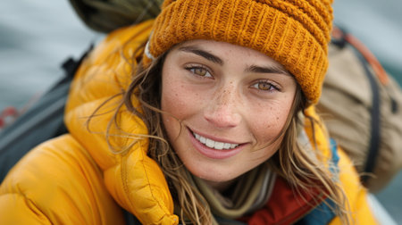 A woman wearing a yellow jacket and hat outdoors.の素材