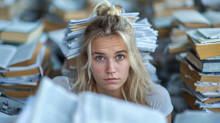 A woman seated in front of a large stack of books.の素材
