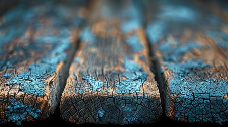 Detailed view of wooden surface covered in blue paint.の素材