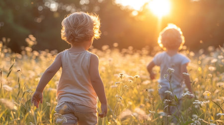 Two children, young, walking through a field of tall grass.の素材