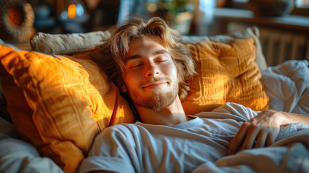 Man lying in bed, eyes shut.の素材