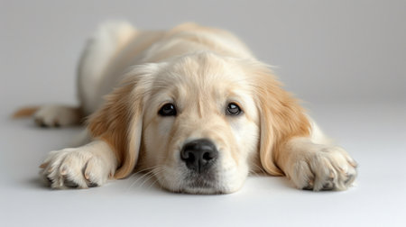 A close-up view of a dog laying on the ground.の素材