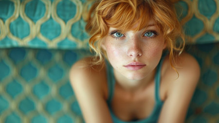 A woman with red hair and blue eyes sitting on a couch.の素材