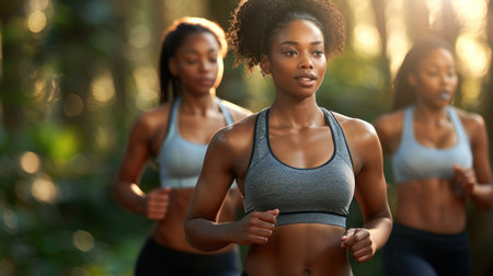 Group of women in motion, running through dense forest with green foliage.の素材