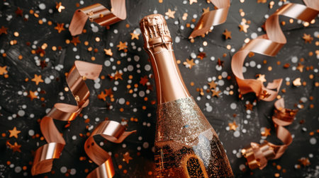 Bottle of champagne adorned with confetti and streamers.の素材