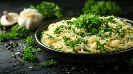 Pasta dish with parsley and garlic in a white bowl.の素材