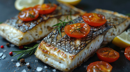 A close view of fish with ripe tomatoes and fresh lemons on a plate.の素材