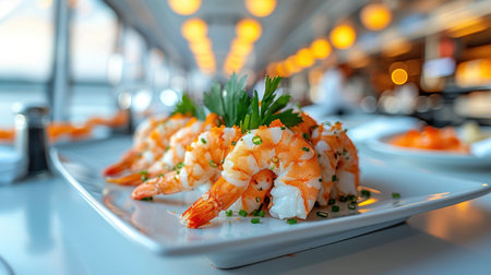 A white plate with cooked shrimp on top, placed on a wooden table.の素材