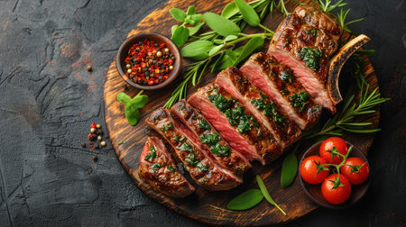 A freshly cooked steak topped with herbs and tomatoes displayed on a wooden cutting board.の素材