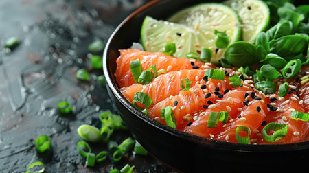 A black bowl filled with freshly sliced salmon and green onions.の素材