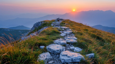 The sun sinks behind rocky mountains, casting a warm glow over a winding path.の素材