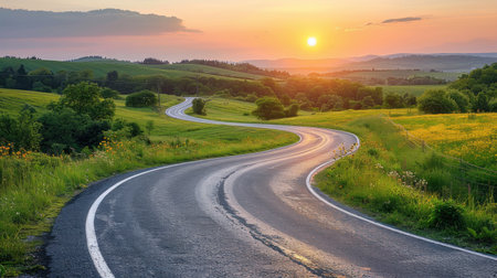 A road twists under a setting sun in the background.の素材