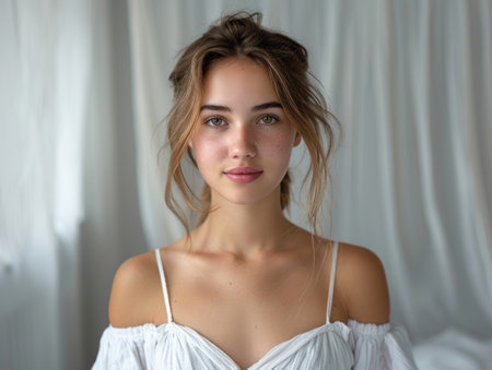A woman stands in a white top, striking a pose for a picture.の素材