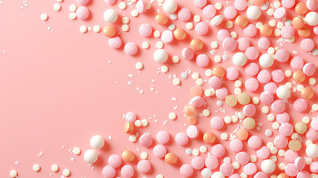 Pink background filled with white and gold confetti.の素材