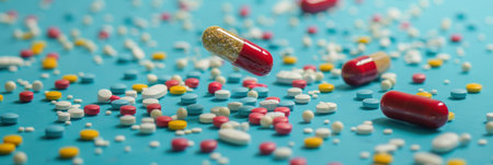 Red and white pills are spread out on a blue surface.の素材