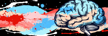 Detailed drawing of a human brain against a black backdrop.の素材