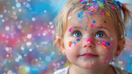 A young girl smiling with colorful sprinkles on her face.の素材