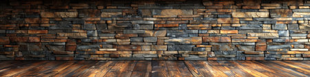 Wooden floor contrasted against stone wall, creating a rustic atmosphere.の素材
