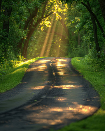 Sunlight filters through green trees onto road.の素材