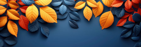 Bright orange and yellow leaves contrasting against a vivid blue background.の素材