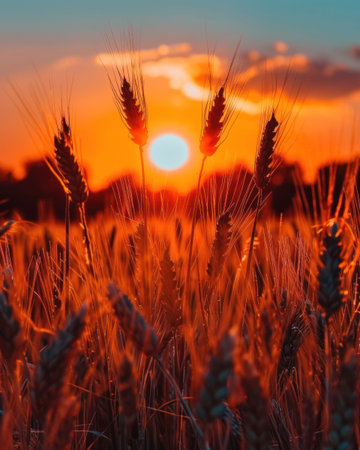 The sun sets behind a golden wheat field, casting a warm glow over the ripe crops.の素材