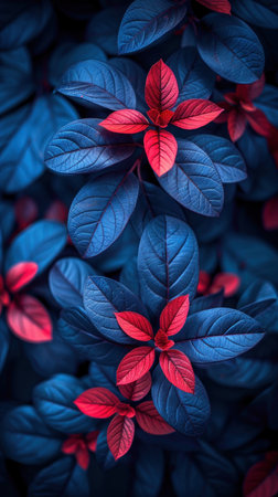 Leaves in shades of blue and red with vibrant red centers.の素材