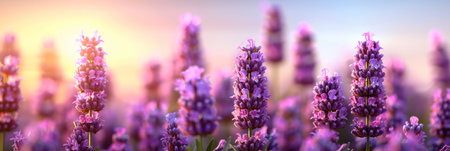A field of lavender flowers with the sun shining in the background.の素材