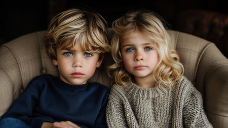 Two children sitting close in a chair, arms around each other.の素材