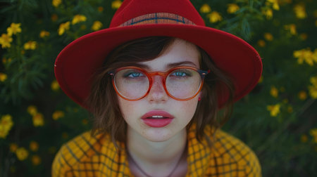 Woman in red hat and glasses looking confident.の素材