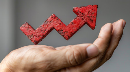 Hand gripping red clay with protruding red arrow.の素材