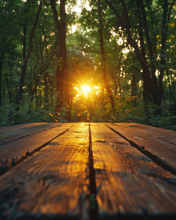 Wooden deck with sunlight shining through lush trees in a forest.の素材
