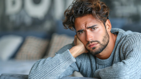 A man seated on a bed, thoughtful gesture with hand on chin.の素材