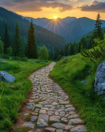 Stone path winding through lush grassy field under clear sky.の素材